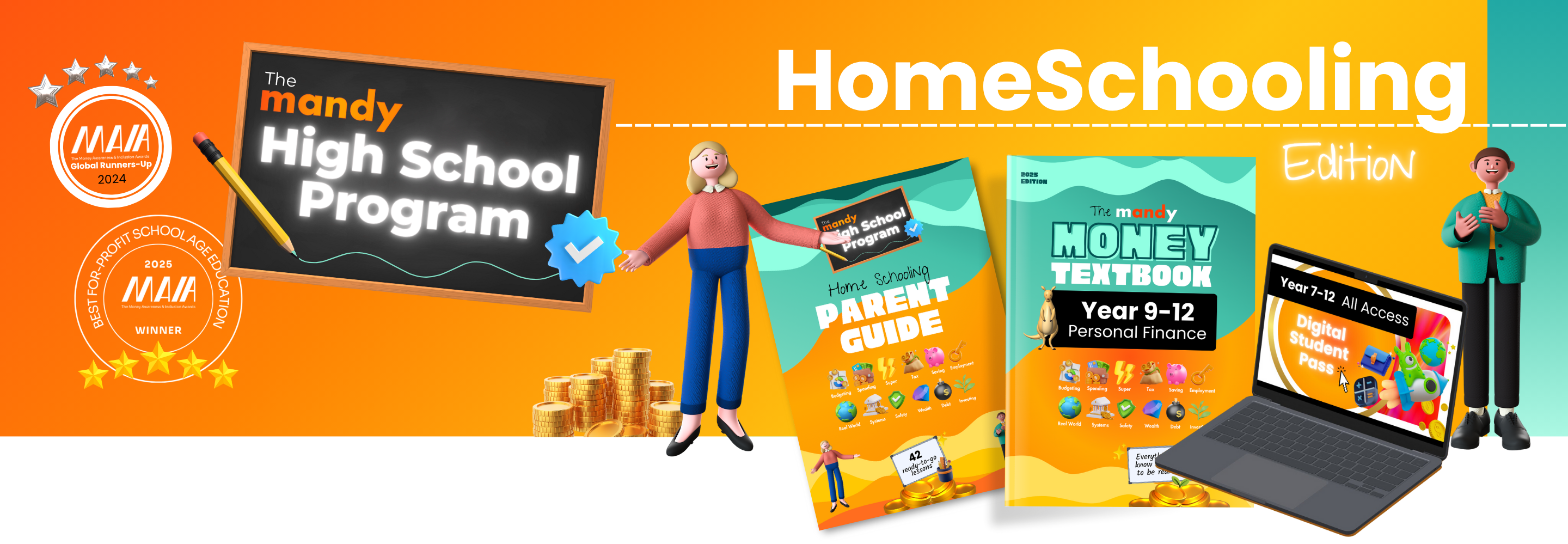 Home schooling financial literacy program materials with books, a laptop, and people on an orange background