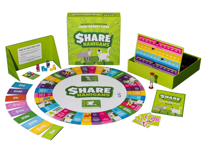 Sharenangigans board game set with colourful components on a white background